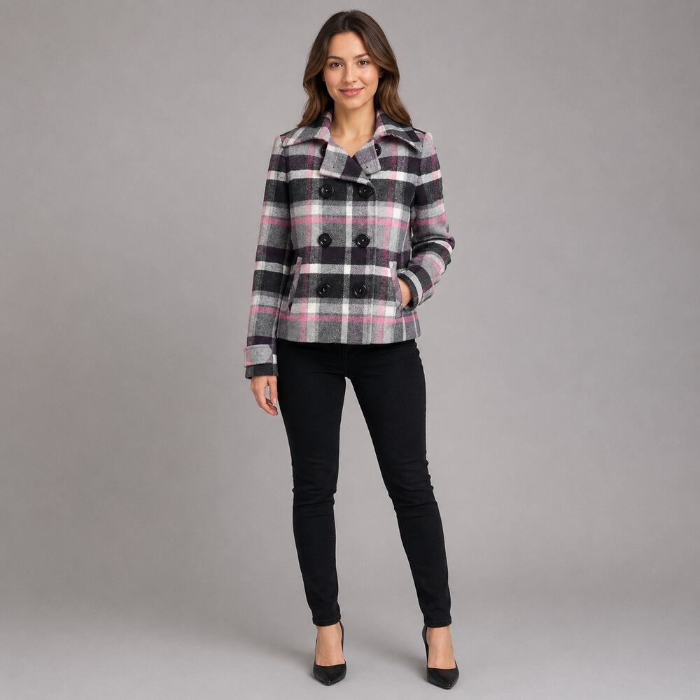 CAbi Womens Wool Blend Jacket Coat Double Breasted Plaid Purple Gray Size 4